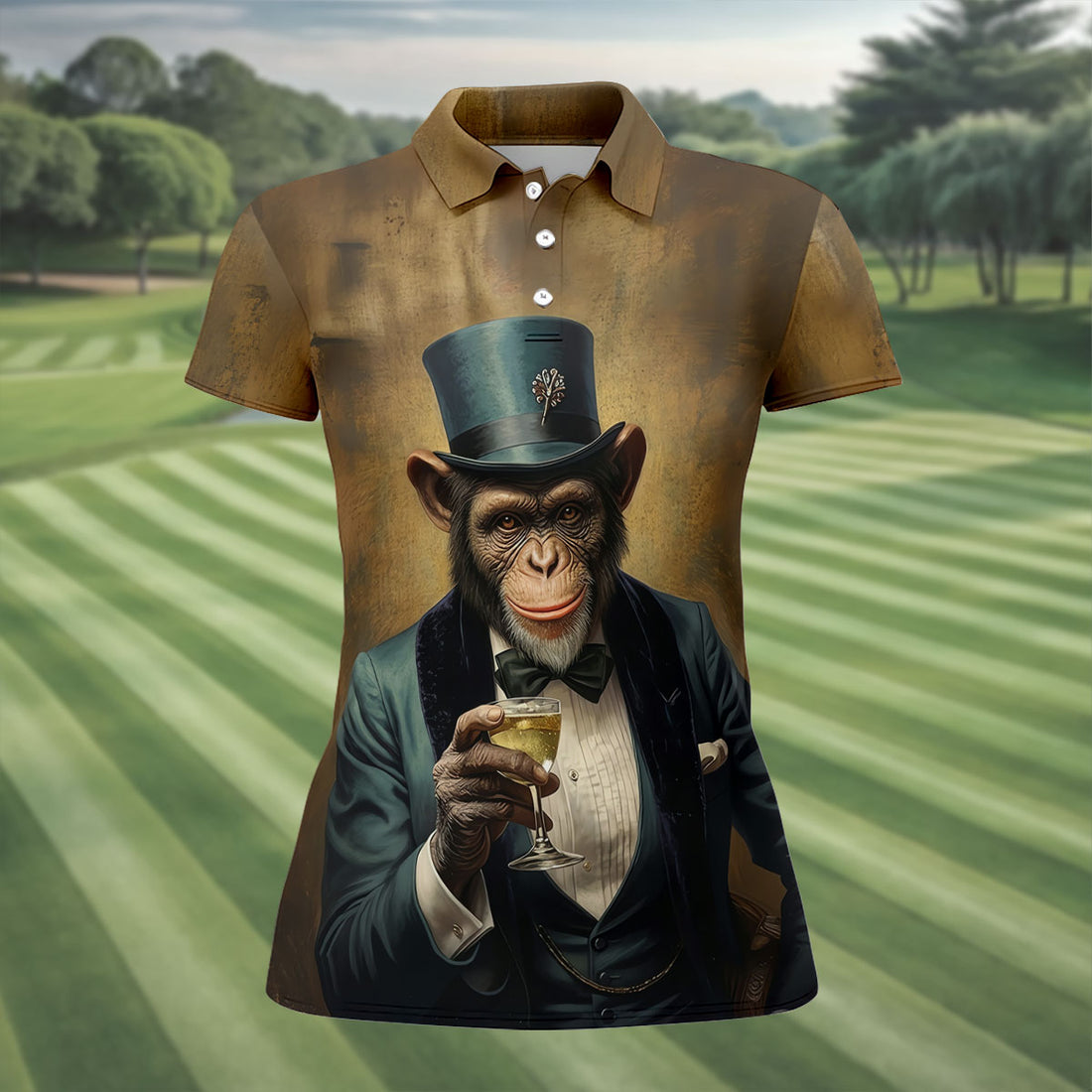 Monkey Gentleman Champagne Society Hawaiian Golf Shirt, Women's Golf Tops, Ladies Golf Shirts