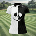 Black White Skull Face Halloween Golf Polo Shirt, Womens Golf Tops, Hawaiian Golf Shirt