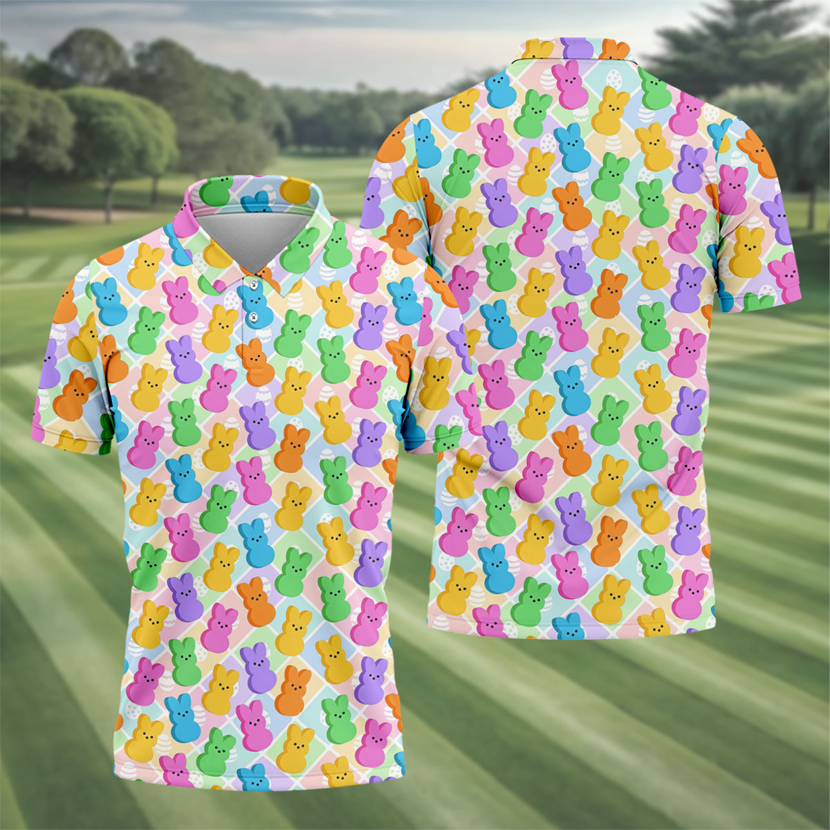 Pastel Easter Peeps Colorful Checkered Golf Shirts For Men, Cute Golf Outfit, Polo Shirts For Men