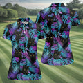 Funny Black Cat Purple Blue Gradient Hawaiian Golf Shirt, Golf Shirt For Women