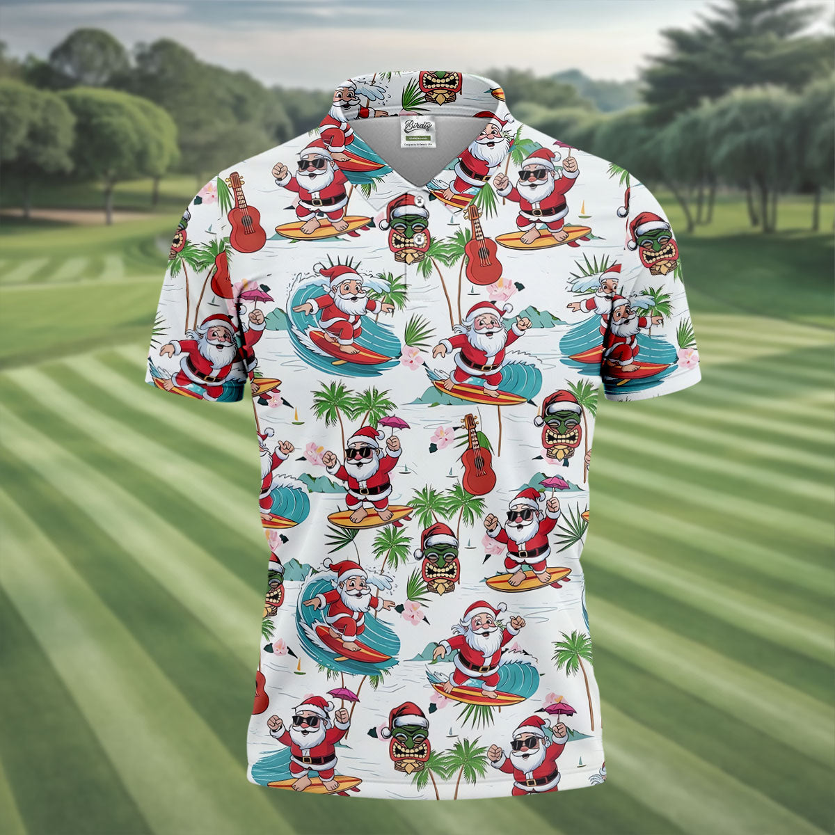 Surfing Santa Tropical Christmas Golf Shirt, Christmas Golf Shirt, Golf Apparel For Men
