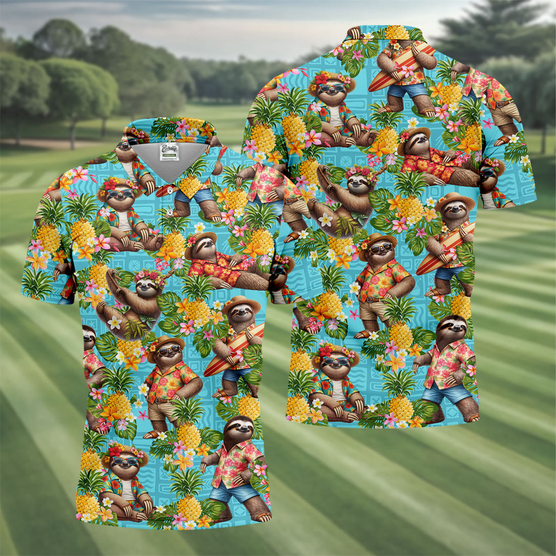Vacation Sloths Among Tropical Blooms Hawaiian Golf Polo, Golf Tops For Men, Golfing Apparel