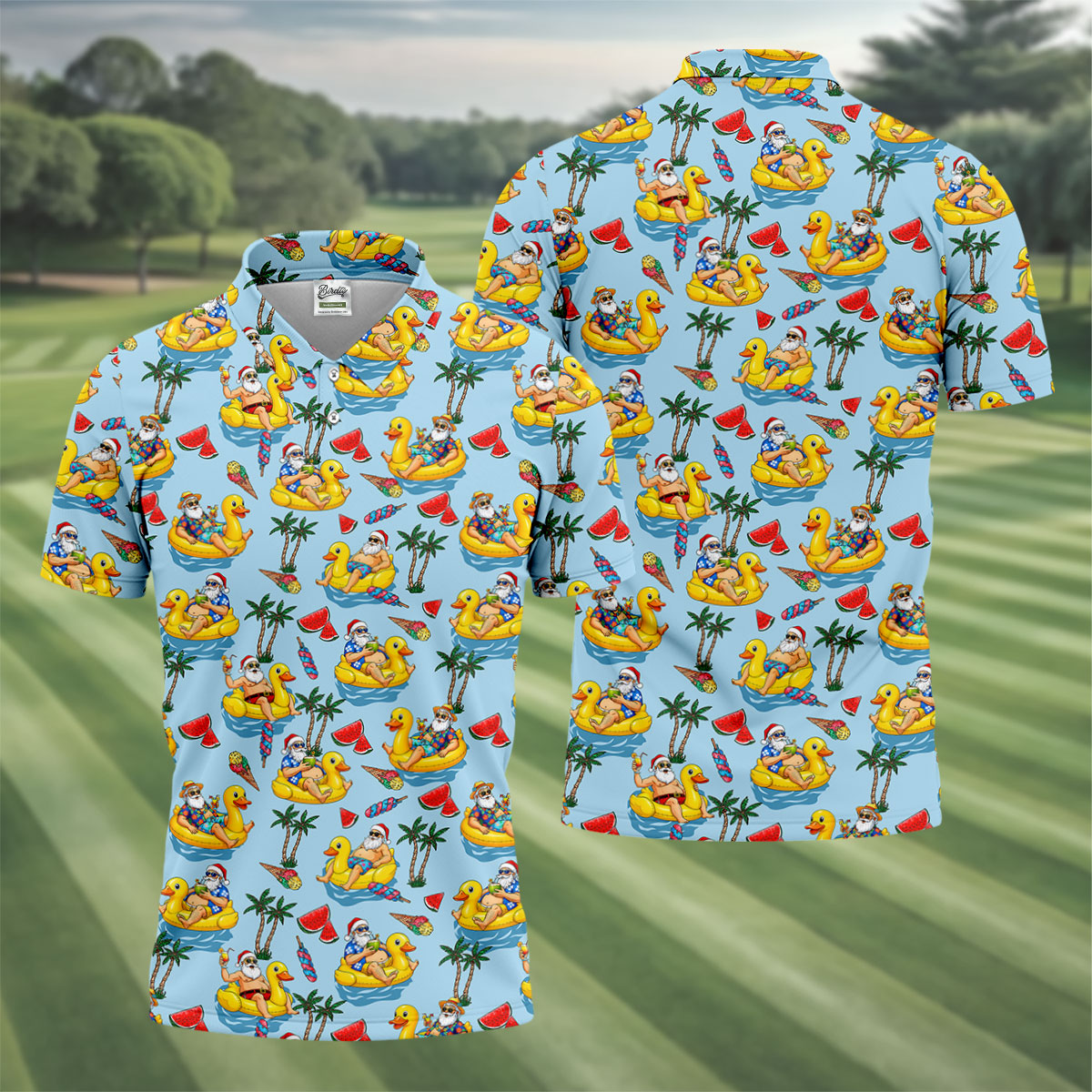 Men's Santa Duck Pool Float Hawaiian Golf Shirt, Christmas Golf Shirt, Golf Apparel For Men