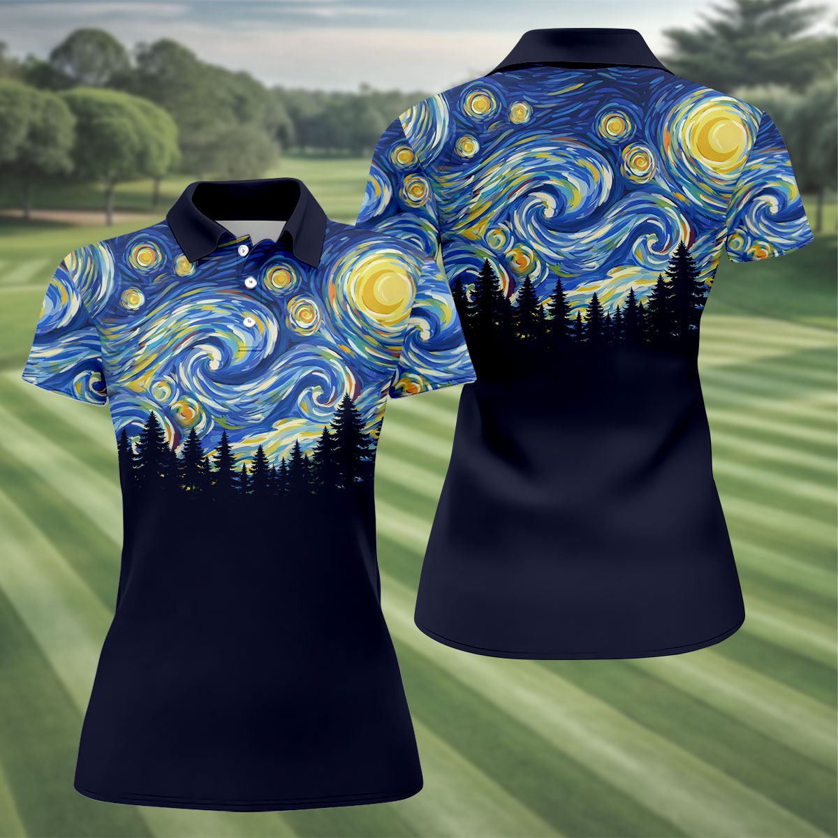 Van Gogh Inspired Starry Night Forest Hawaiian Golf Polo, Golf Tops For Women, Golfing Apparel