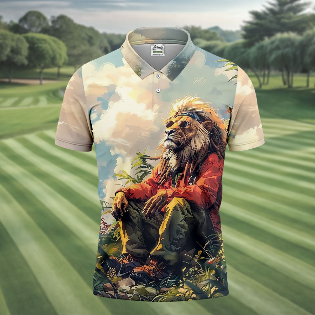 Lion Dreamscape Mist Hawaiian Golf Polo, Golf Tops For Men, Golfing Apparel