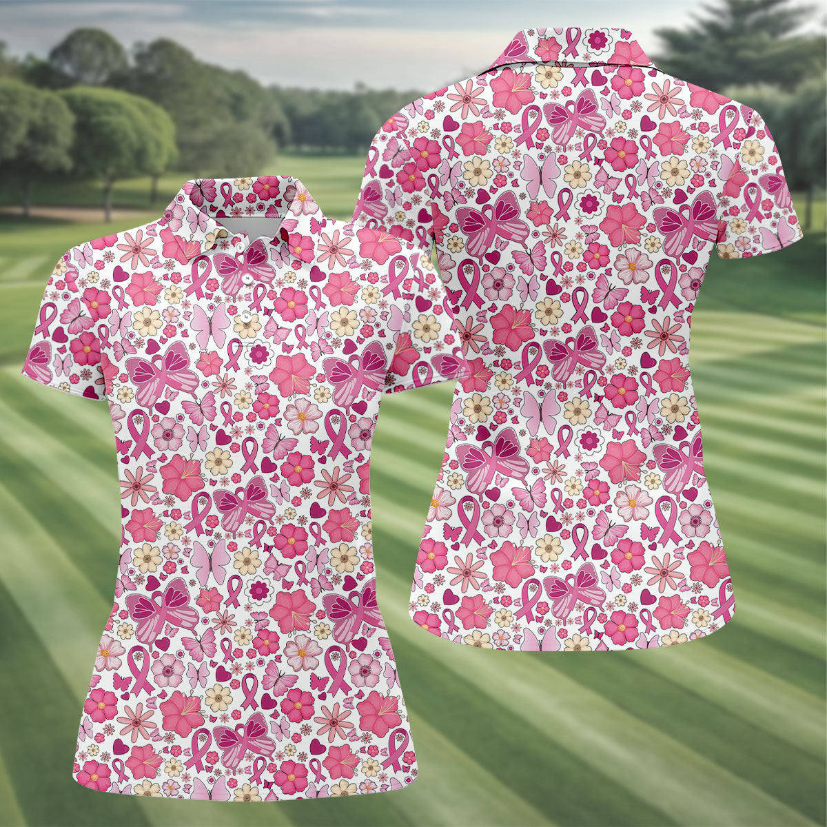 Breast Cancer Pink Ribbon Floral Golf Shirt, Cancer Awareness Shirt, Ladies Golf Polos, Golfing Apparel