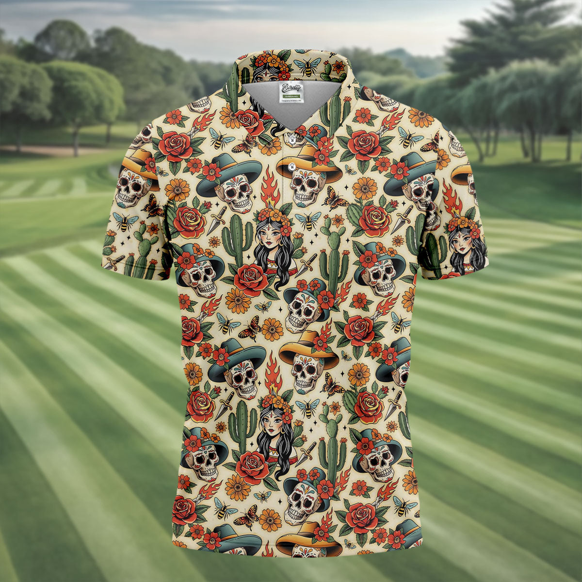 Day Of The Dead Sugar Skull Floral Polo Shirt, Mens Golf Polo, Hawaiian Golf Shirt