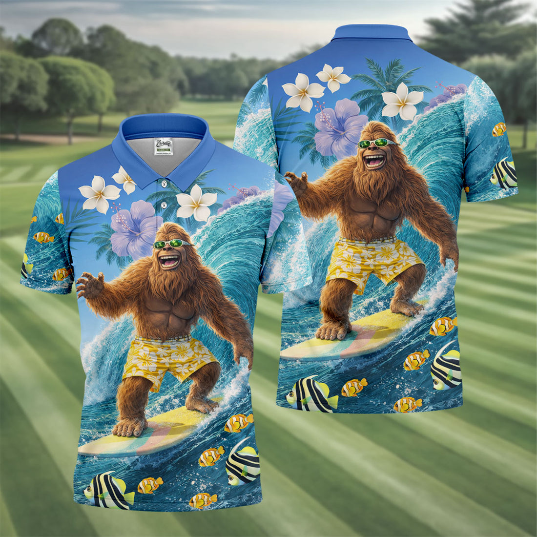 Surfing Bigfoot Riding Ocean Waves Design Hawaiian Golf Polo, Golf Tops For Men, Golfing Apparel
