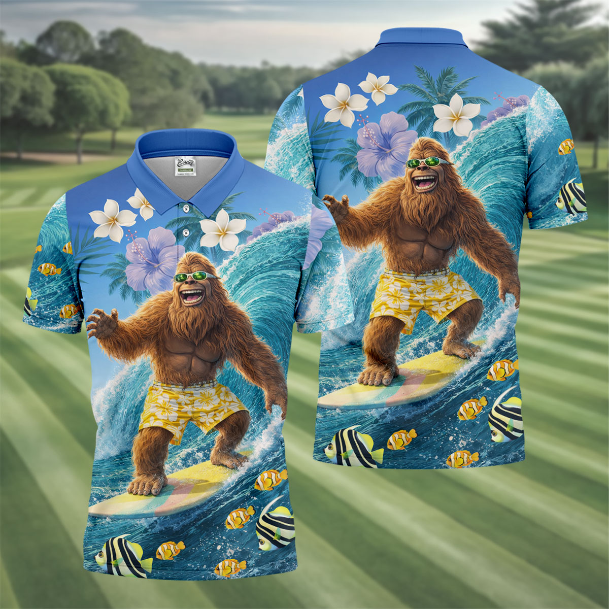 Surfing Bigfoot Riding Ocean Waves Design Hawaiian Golf Polo, Golf Tops For Men, Golfing Apparel