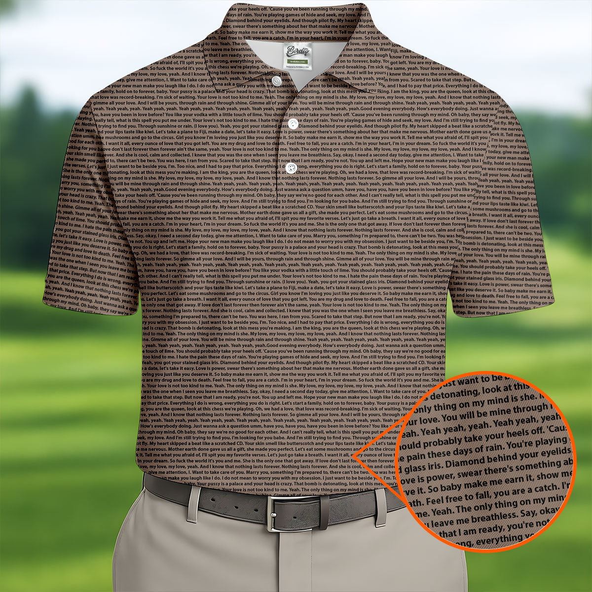 Cream Text Pattern Golf Polo Shirt, Golf Shirts For Men, Printed Golf Shirts