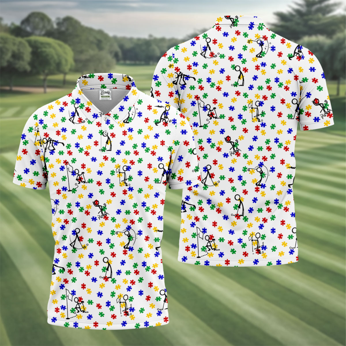 Funny Stick Figure Autism Puzzle Polo Shirts For Men, Autism Awareness Golf Shirt, Golfing Apparel