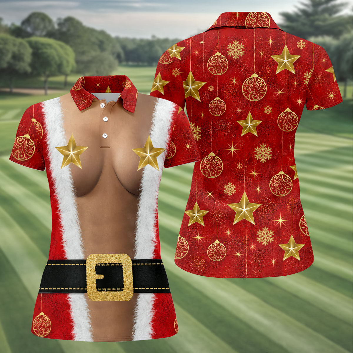 Santa Suit Gold Stars Christmas Golf Shirt, Women’s Golf Polo, Golf Tops For Women