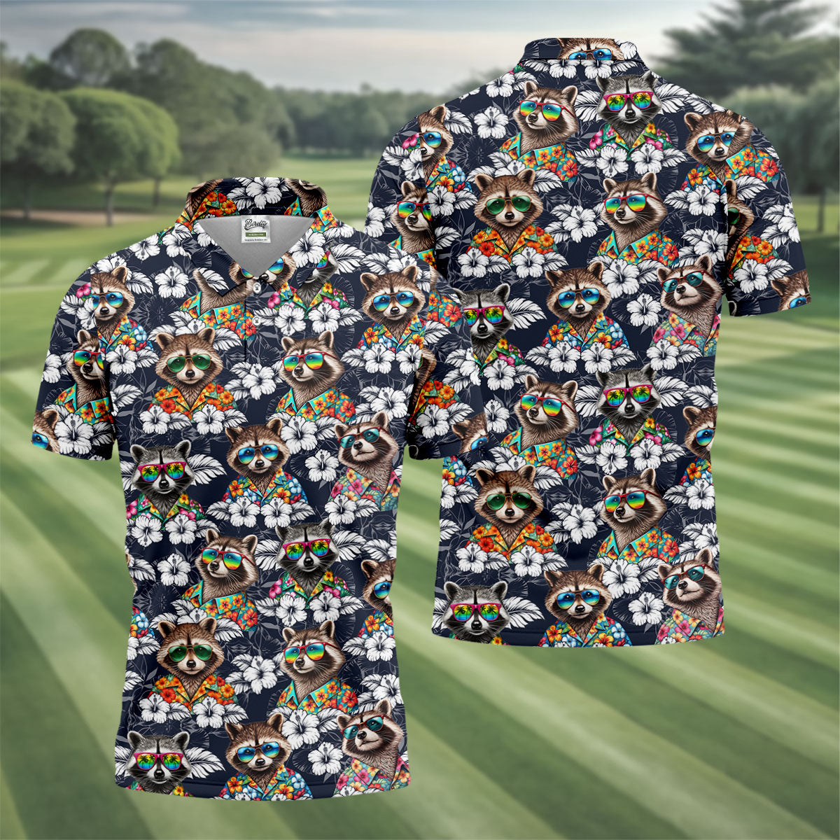 Cool Raccoons in Rainbow Sunglasses Hawaiian Golf Polo, Golf Tops For Men, Golfing Apparel