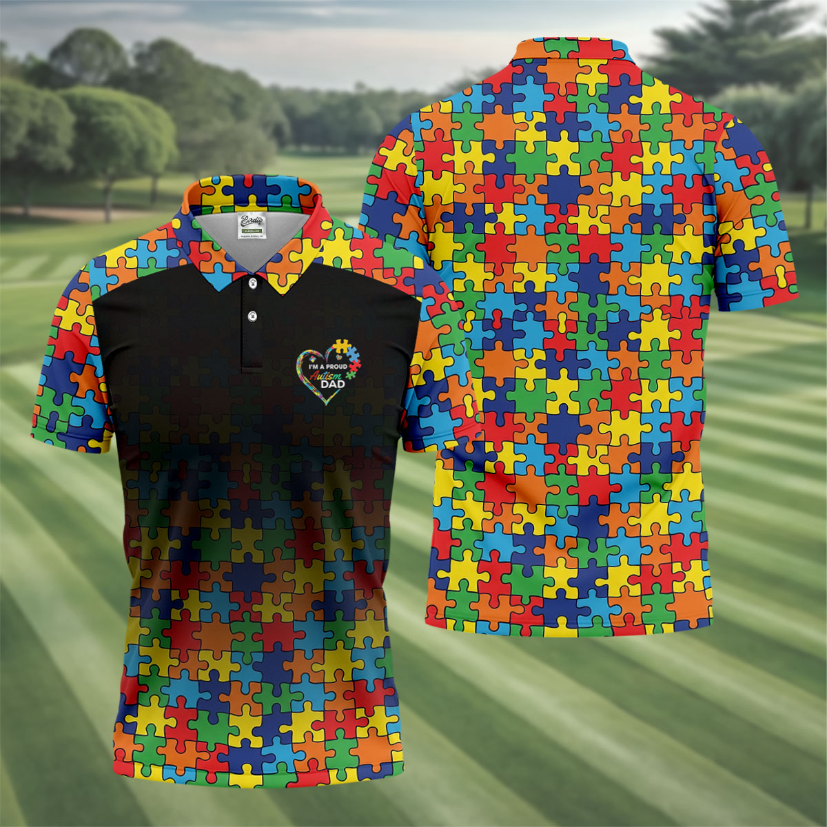 I'm A Proud Autism Dad Autism Awareness Puzzle Pattern Black Fade Golf Shirts For Men, Golf Gifts For Dad