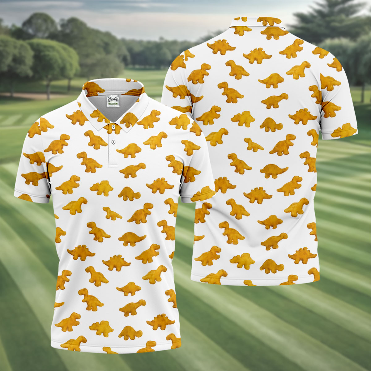 Cute Dinosaur Cookie Pattern Men's Golf Shirt, Golf Shirts For Men, Printed Golf Shirts