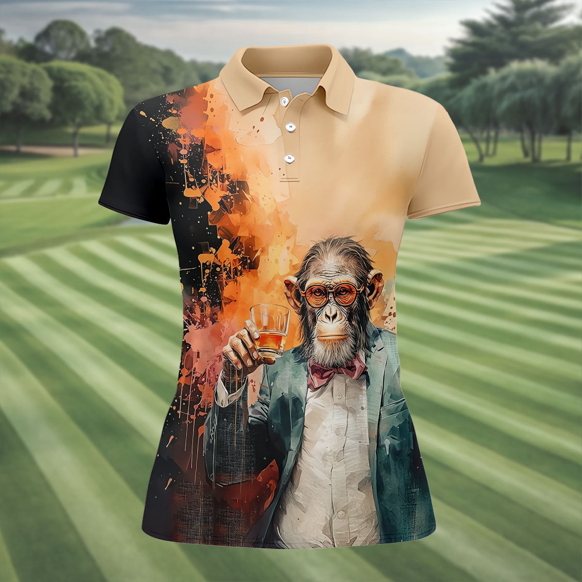 Gentleman Monkey Whiskey Golden Sunset Hawaiian Golf Polo, Golf Tops For Women, Golfing Apparel