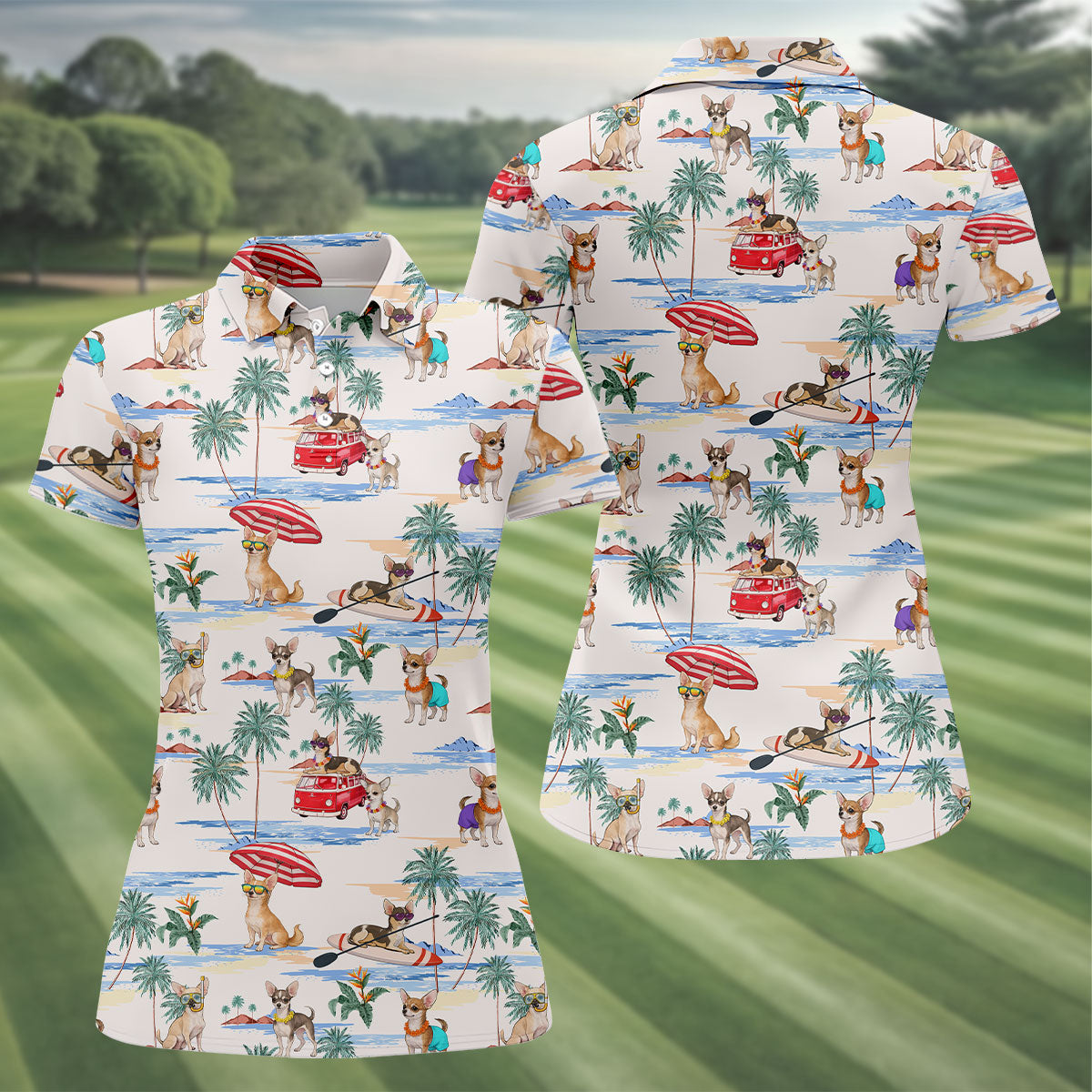 Summer Chihuahua Paradise Pattern Hawaiian Golf Polo, Golf Tops For Women, Golfing Apparel