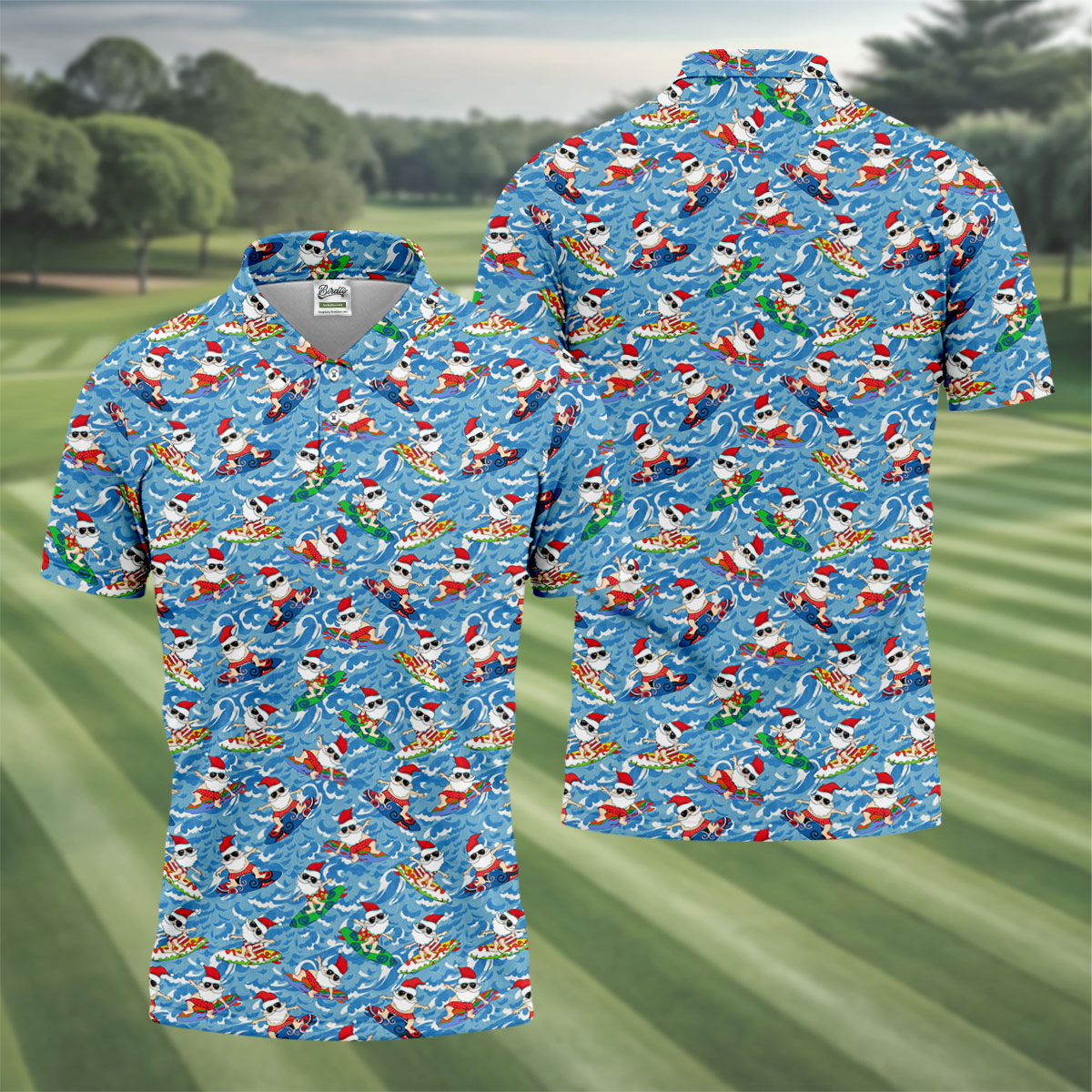 Surfing Santa Christmas Ocean Pattern Polo Shirt, Mens Golf Polo, Christmas Golf Shirt