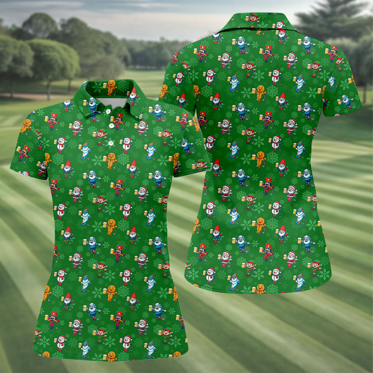 Christmas Characters Golf And Beer Green Women's Funny Golf Shirts, Christmas Golf Shirt, Polo Shirts For Women