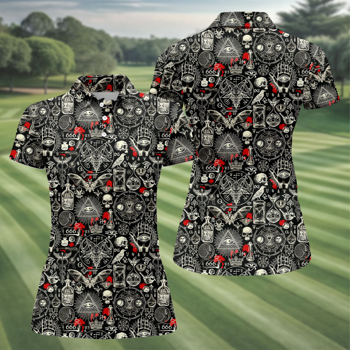 Occult Theme Sketch Style Hawaiian Golf Shirt, Women's Golf Tops, Ladies Golf Shirts