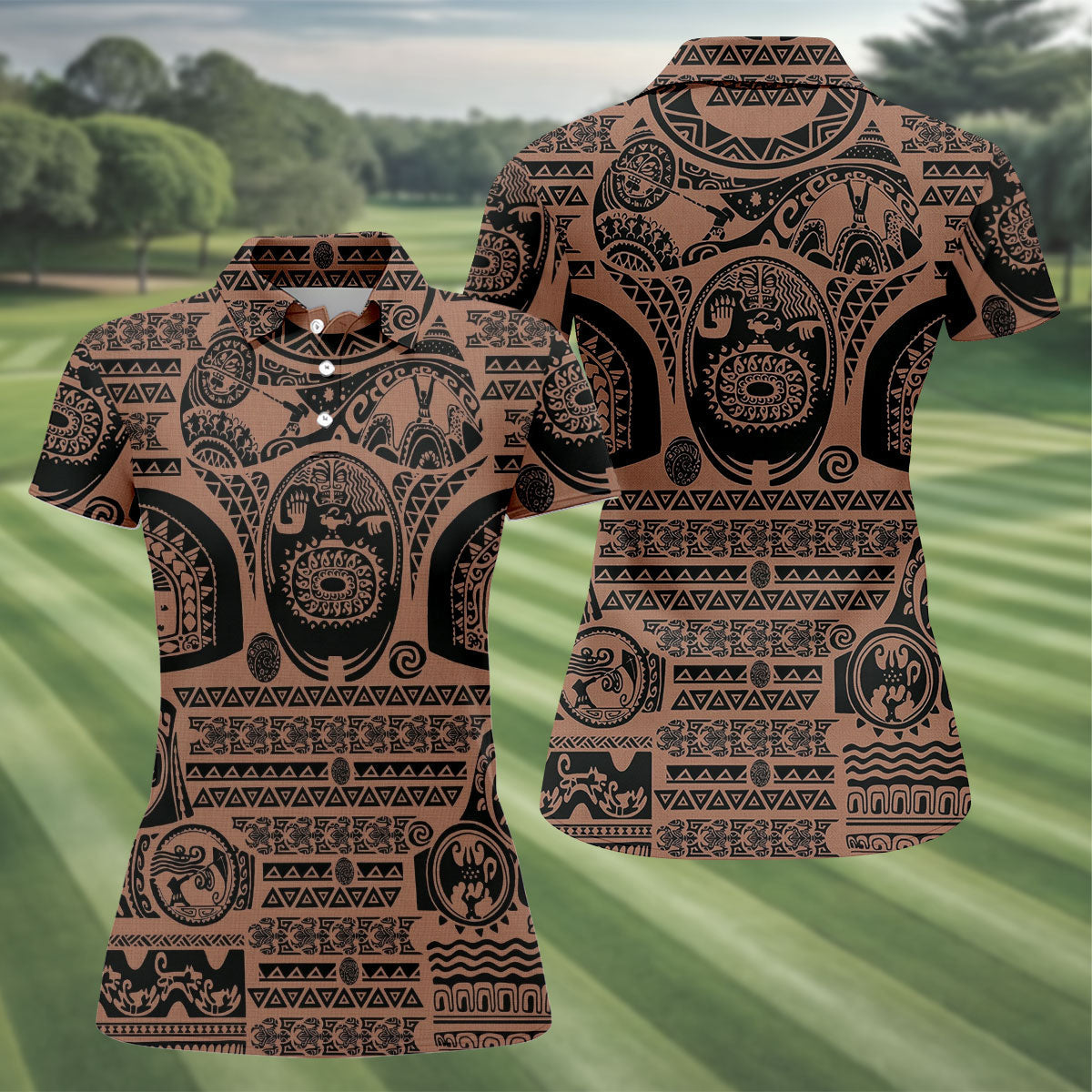 Maori Tattoo Pattern with Traditional Tiki Mask Hawaiian Golf Polo, Golf Tops For Women, Golfing Apparel