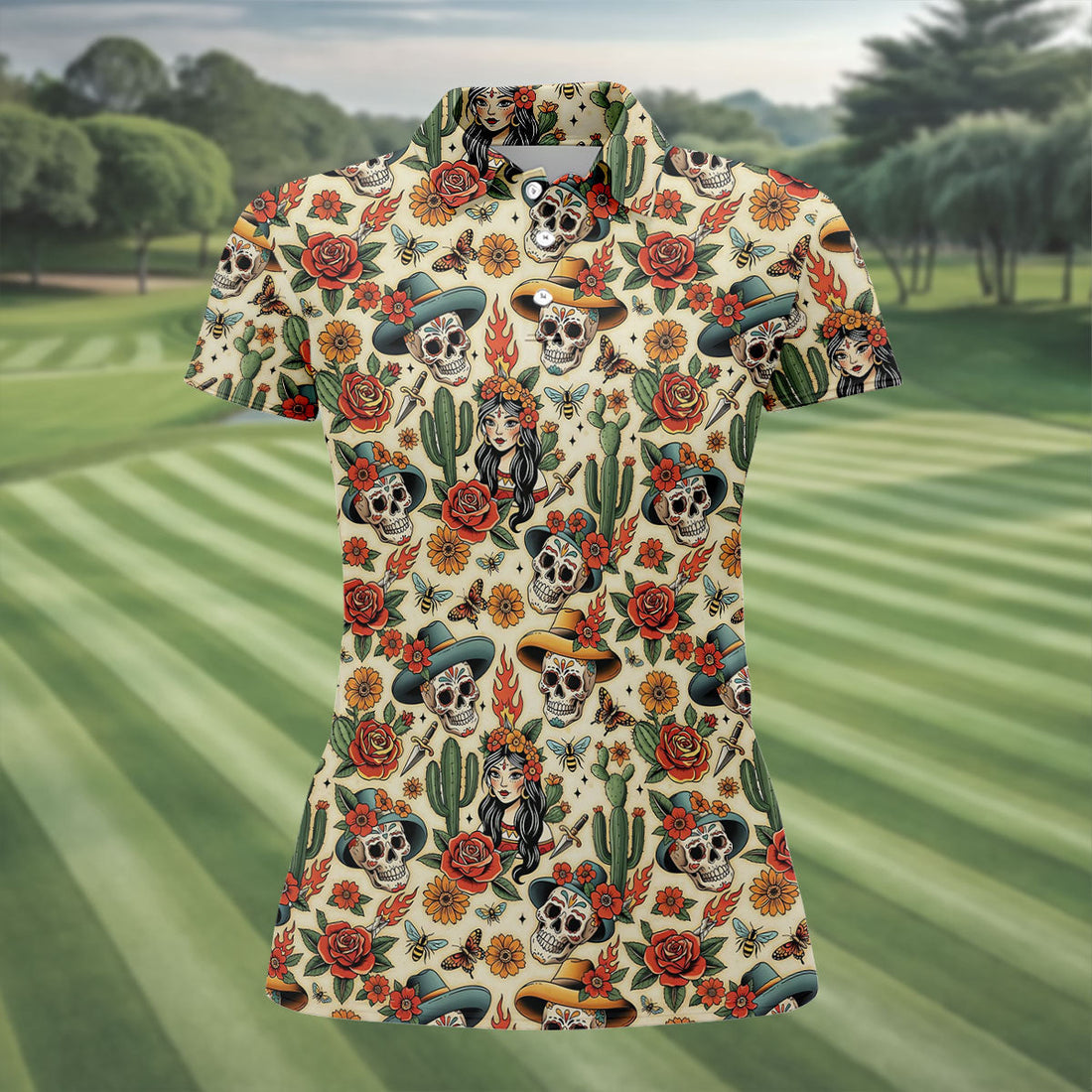 Day Of The Dead Sugar Skull Floral Polo Shirt, Womens Golf Polo, Hawaiian Golf Shirt