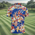 Royal Blue Japanese Floral Pattern Golf Shirt, Mens Golf Apparel, Printed Golf Shirts