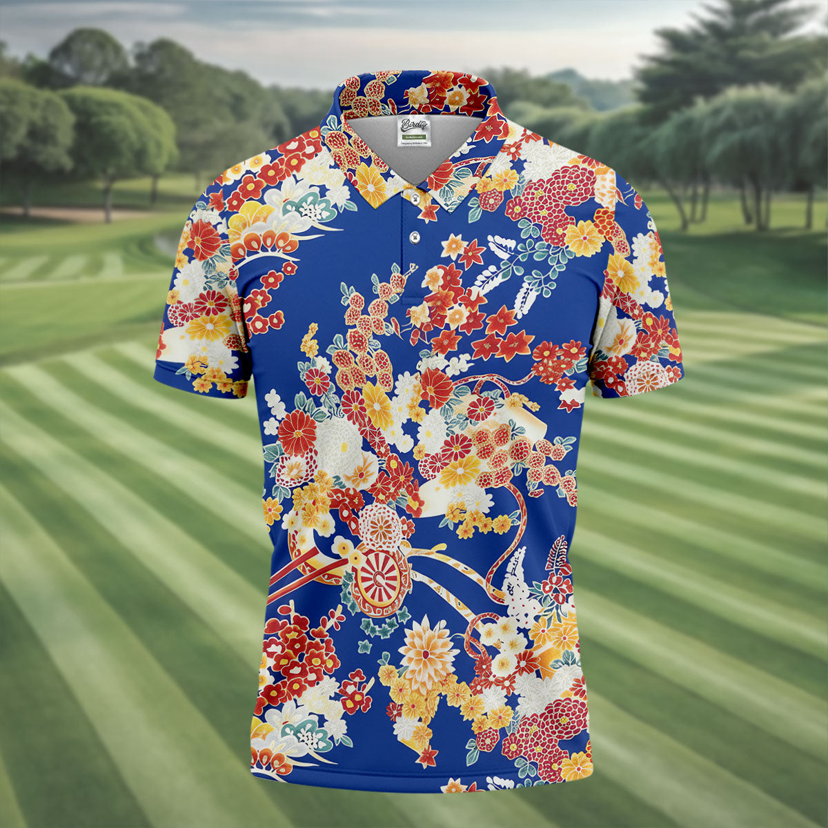Royal Blue Japanese Floral Pattern Golf Shirt, Mens Golf Apparel, Printed Golf Shirts