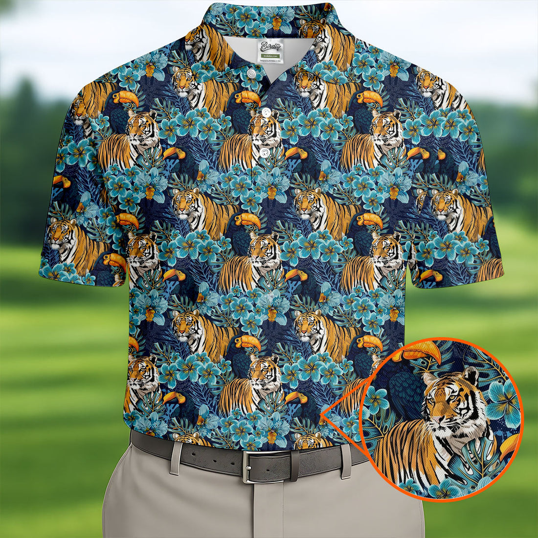 Tiger And Toucan Tropical Foliage Hawaiian Golf Shirt, Polo Shirts For Men, Golfing Apparel