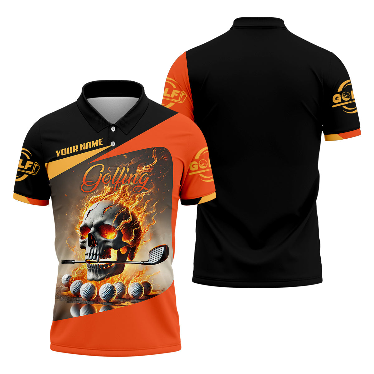 Custom Flame Skull Golf Polo Shirt, Golfing Apparel, Mens Golf Gift, Funny Golf Shirt