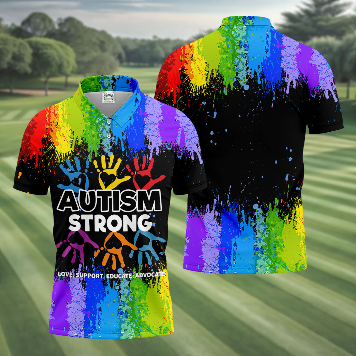 Autism Strong Rainbow Paint Splatter Golf Tops For Men, Autism Awareness Colors Golf Shirts For Men