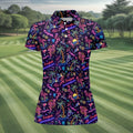 Tropical Theme Neon Pattern Black Golf Shirt, Women's Golf Tops, Golf Shirt For Women, Ladies Golf Shirts