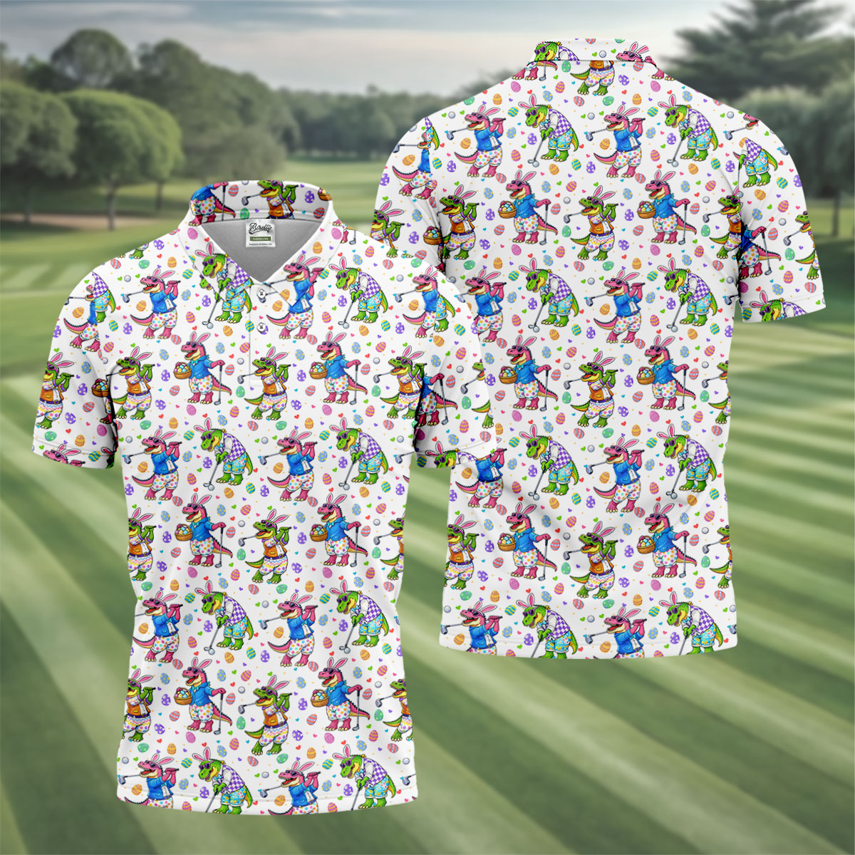 Easter Dinosaur Gradient Pattern Men's Funny Golf Shirts, Golf Shirts For Men, Polo Shirts For Men