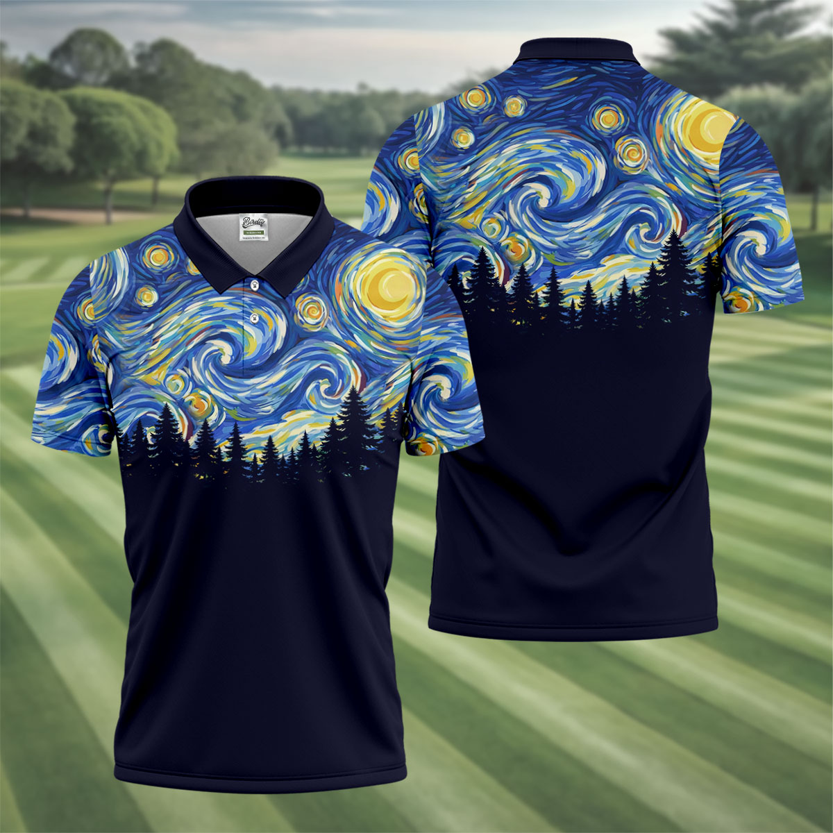 Van Gogh Inspired Starry Night Forest Hawaiian Golf Polo, Golf Tops For Men, Golfing Apparel