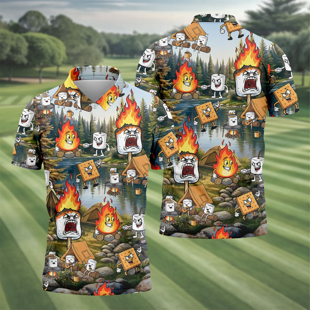 Cartoon Marshmallow, Graham Cracker and Campfire Characters Lake Camping Hawaiian Golf Polo, Golf Tops For Men, Golfing Apparel