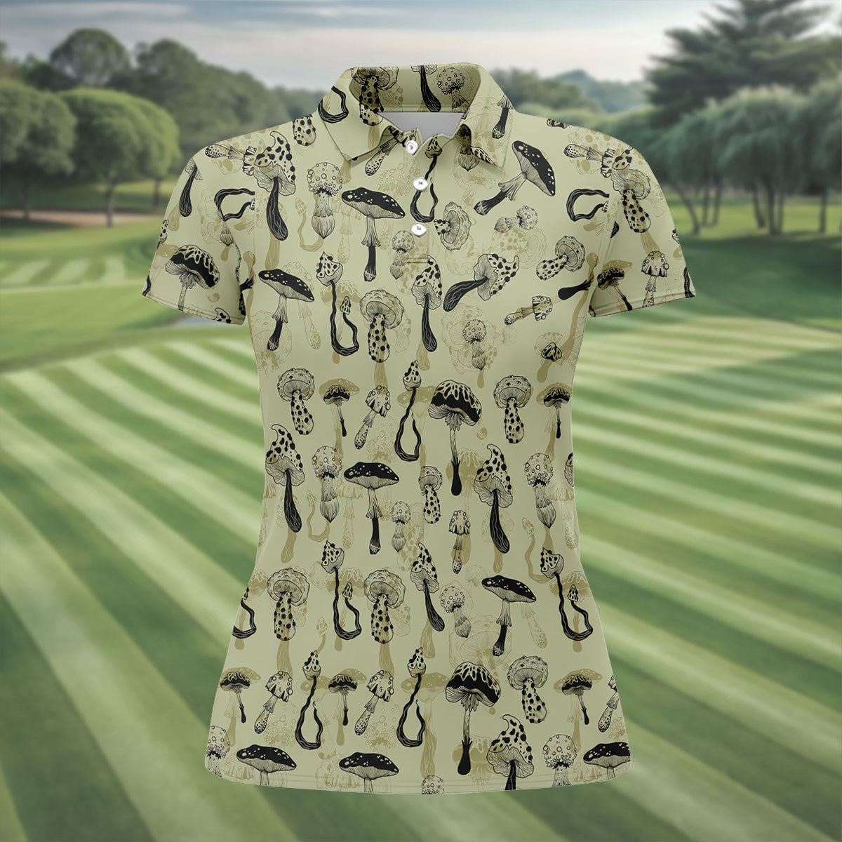 Mushroom Pattern Hand-drawn Art Hawaiian Golf Shirt, Women's Golf Tops, Ladies Golf Shirts