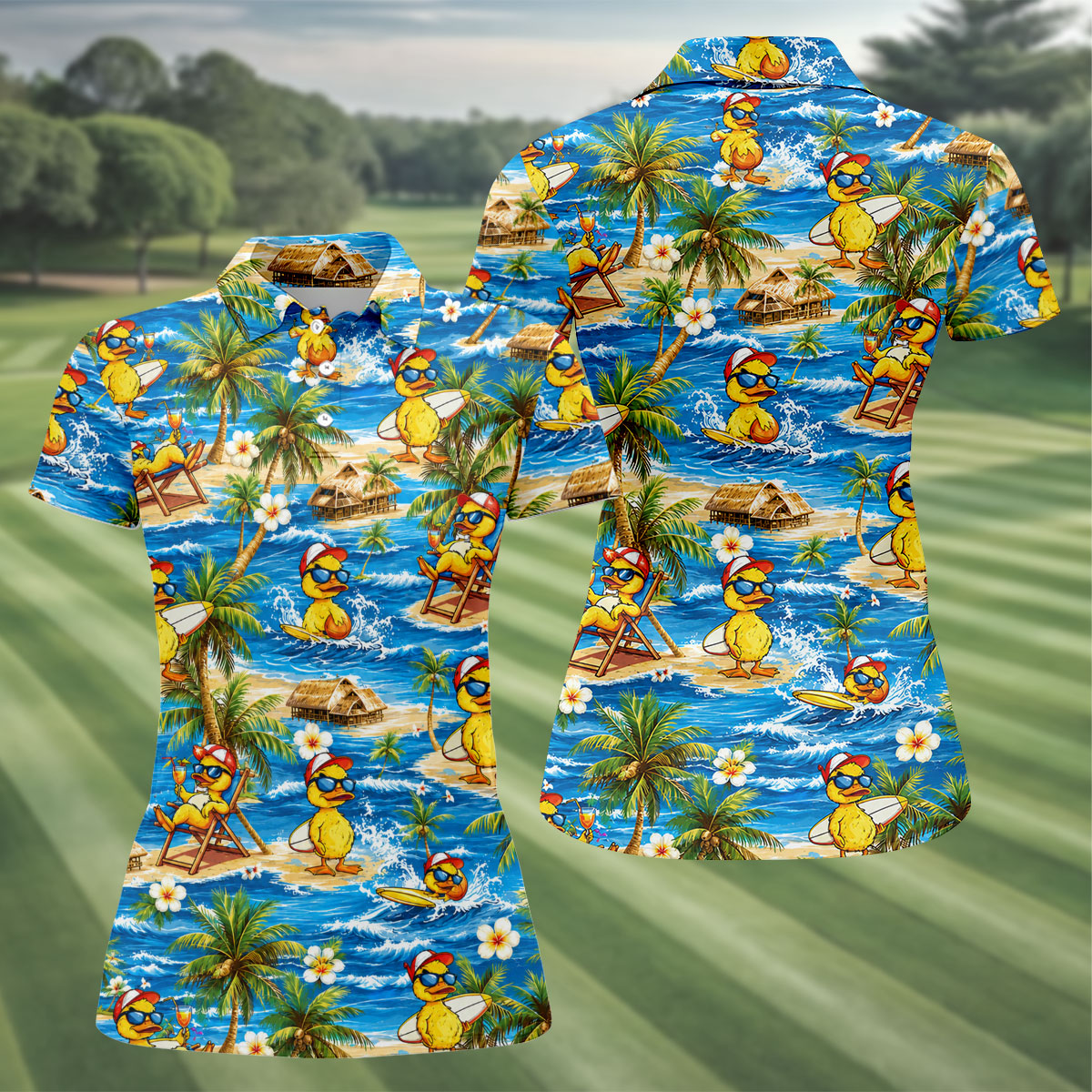 Yellow Rubber Duck Beach Theme Hawaiian Golf Shirt, Women's Golf Tops, Ladies Golf Shirts