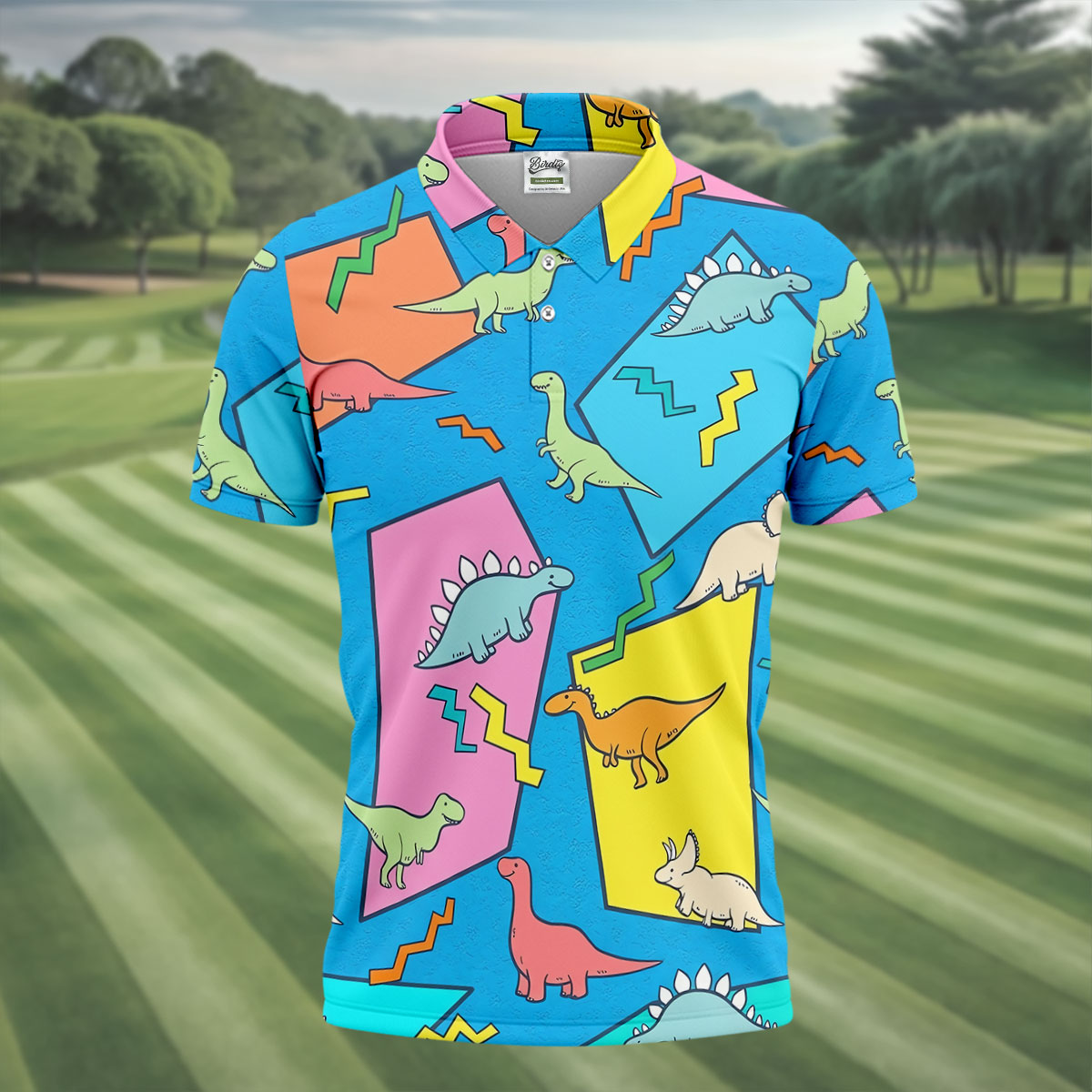 Retro Colorful Dinosaur Pattern Golf Shirt, Men's Golf Shirt, Golf Apparel For Men