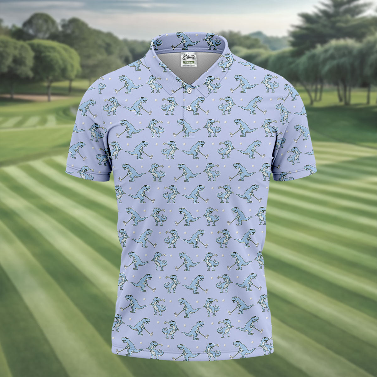Blue T-Rex Dinosaur Golfer Pattern Golf Polo Shirt, Men's Golf Shirt, Mens Golf Polo