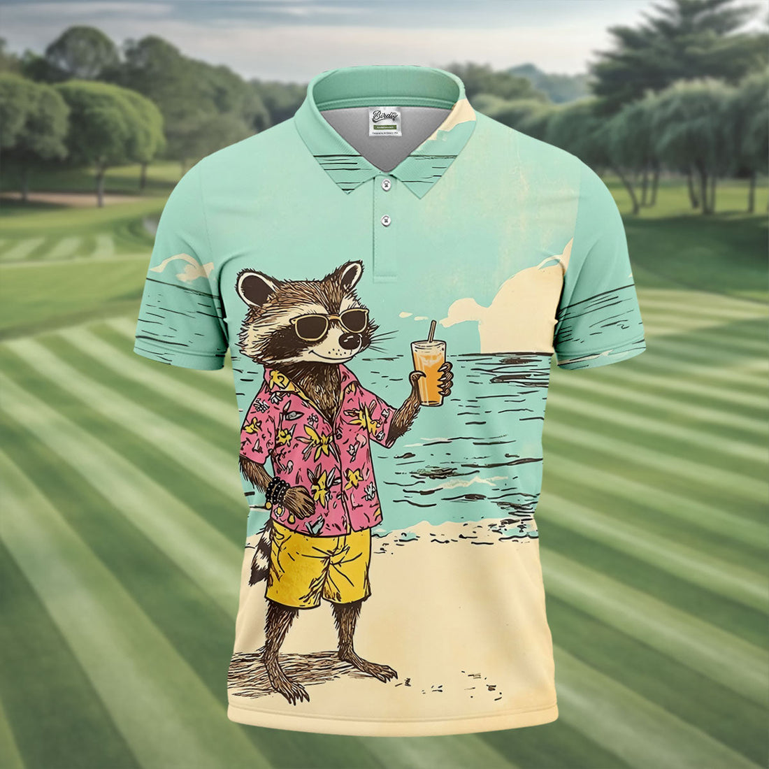 Raccoon Tropical Beach Escape  Hawaiian Golf Shirt, Men's Golf Shirt, Polo Shirts For Men