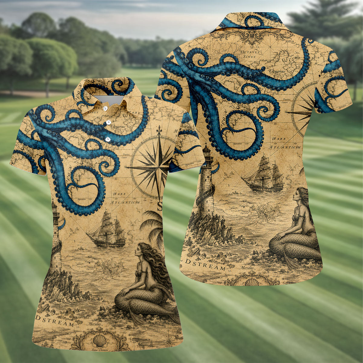 Mermaid Princess Vintage Nautical Hawaiian Golf Shirt, Women's Golf Tops, Ladies Golf Shirts