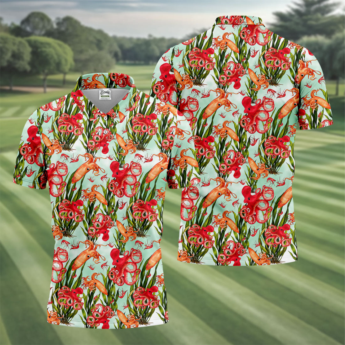Tropical Cephalopods Among Seaweed  Hawaiian Golf Polo, Golf Tops For Men, Golfing Apparel