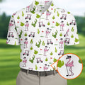 Pink Flamingo Golf Cart Cactus Hawaiian Golf Shirt, Mens Golf Polo, Golf Apparel For Men