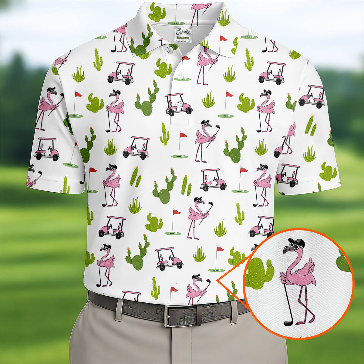 Pink Flamingo Golf Cart Cactus Hawaiian Golf Shirt, Mens Golf Polo, Golf Apparel For Men