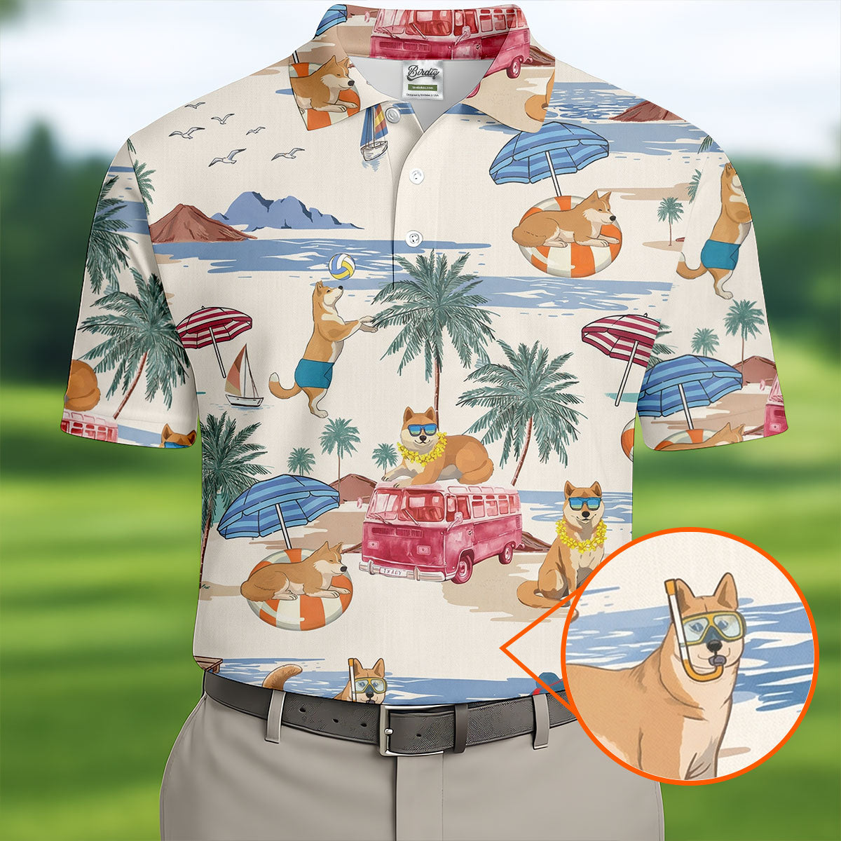 Tropical Shiba Inu Beach Pattern Hawaiian Golf Polo, Golf Tops For Men, Golfing Apparel