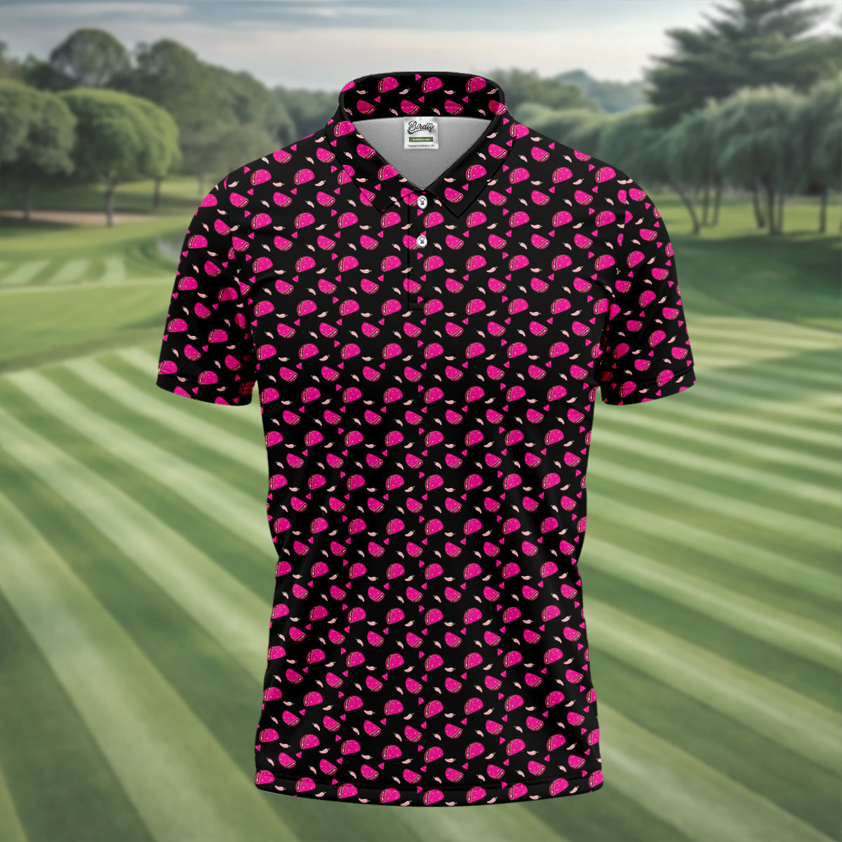 The Pink Taco Seamless Pattern Black Golf Shirt, Golf Tops For Men, Tacos Lover Golf Gift For Men