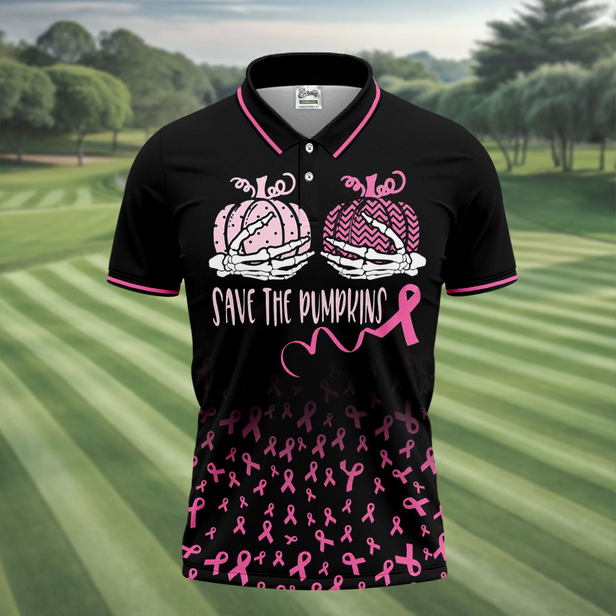 Save The Pumpkins Skeleton Breast Cancer Polo Shirt, Mens Golf Polo, Printed Golf Shirts