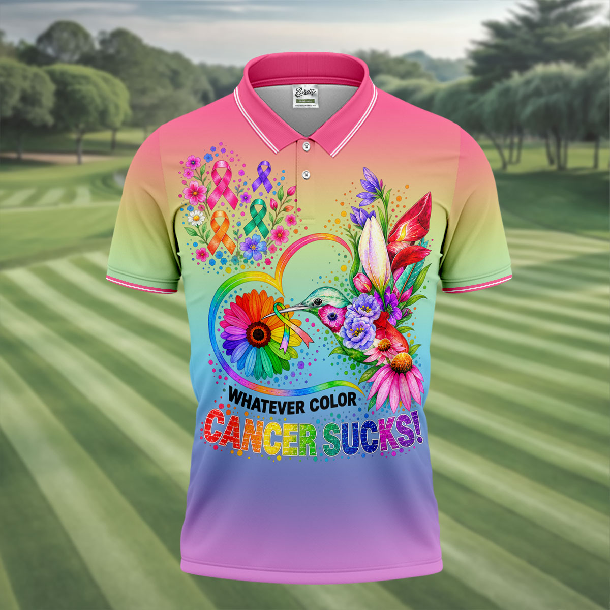 Whatever Color Cancer Sucks Hummingbird Polo Shirt, Mens Golf Polo, Men's Golf Shirt