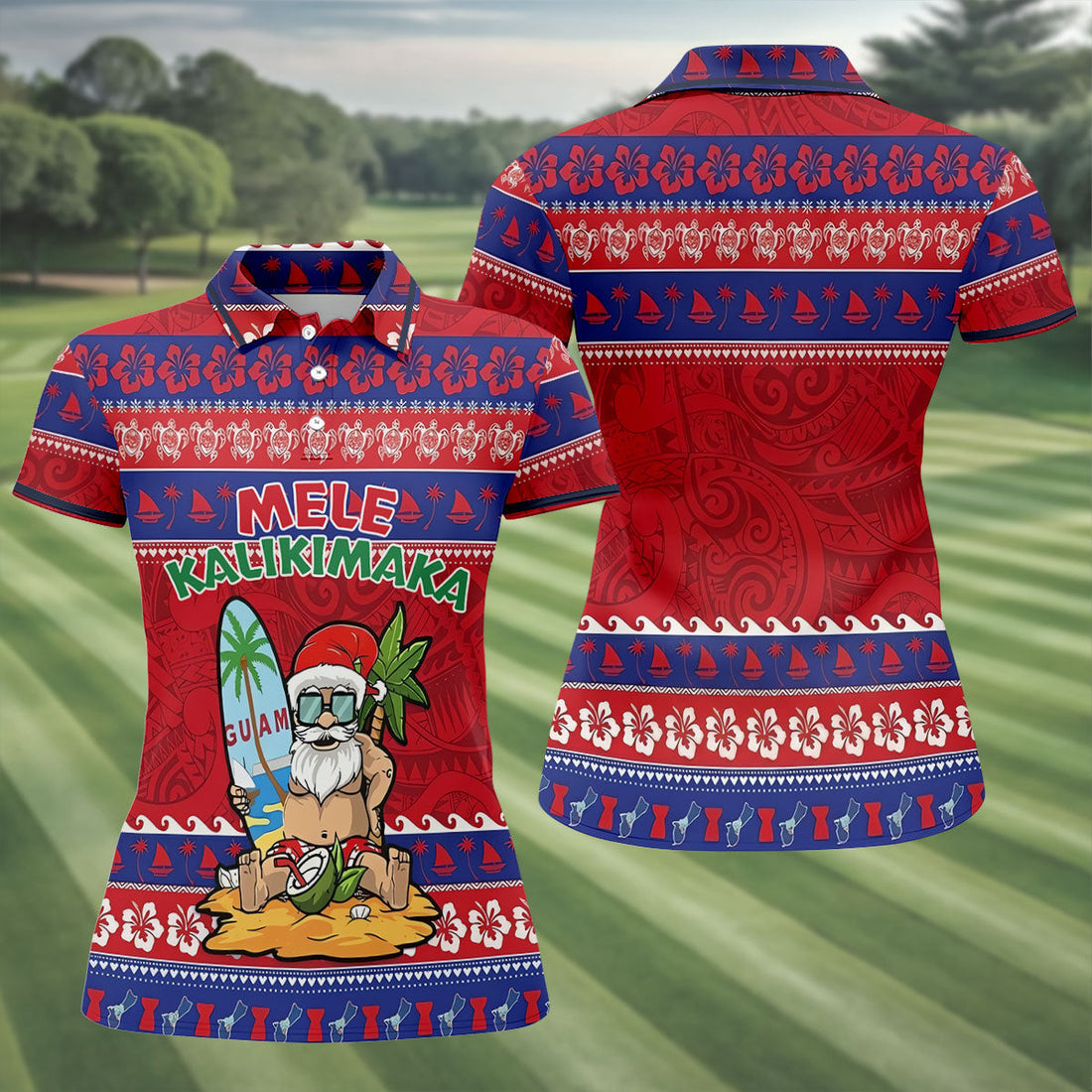 Guam Santa Mele Kalikimaka Christmas Golf Shirt, Women's Golf Tops, Hawaiian Golf Shirt, Golf Shirts For Women