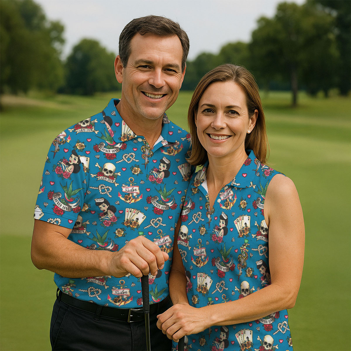 Tattoo Blue Sailor Tattoo Flash Pattern Hawaiian Golf Shirt, Women's Golf Tops, Ladies Golf Shirts